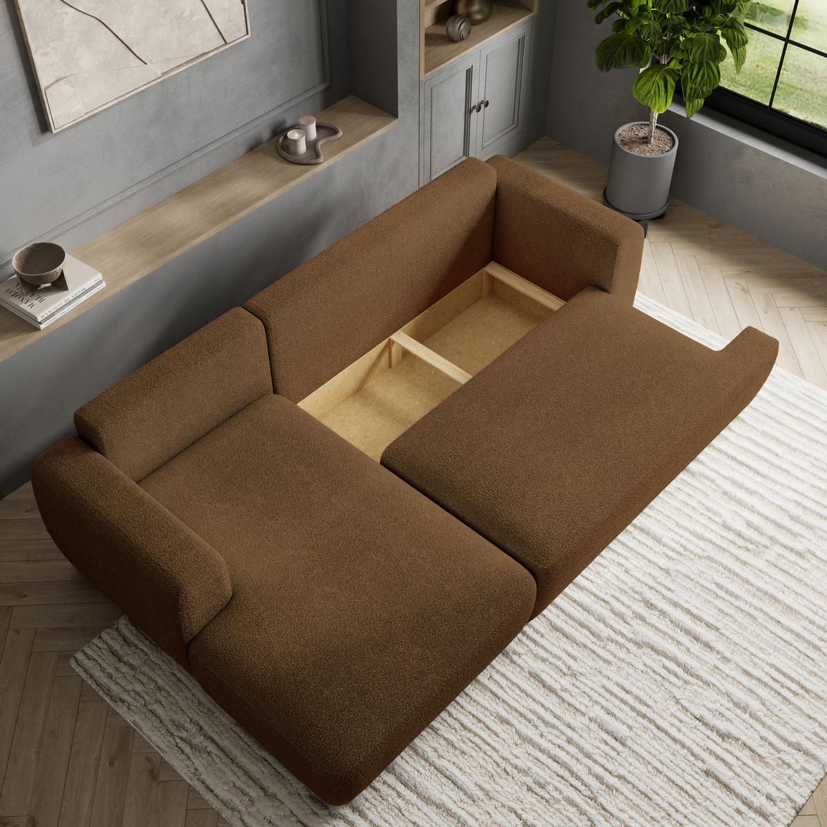 ECKSOFA SENTI N L-S Braun Boucle-Stoff mit Schlaffunktion - Schwarz/Braun, Holz/Kunststoff (246/148cm) - MASSENO