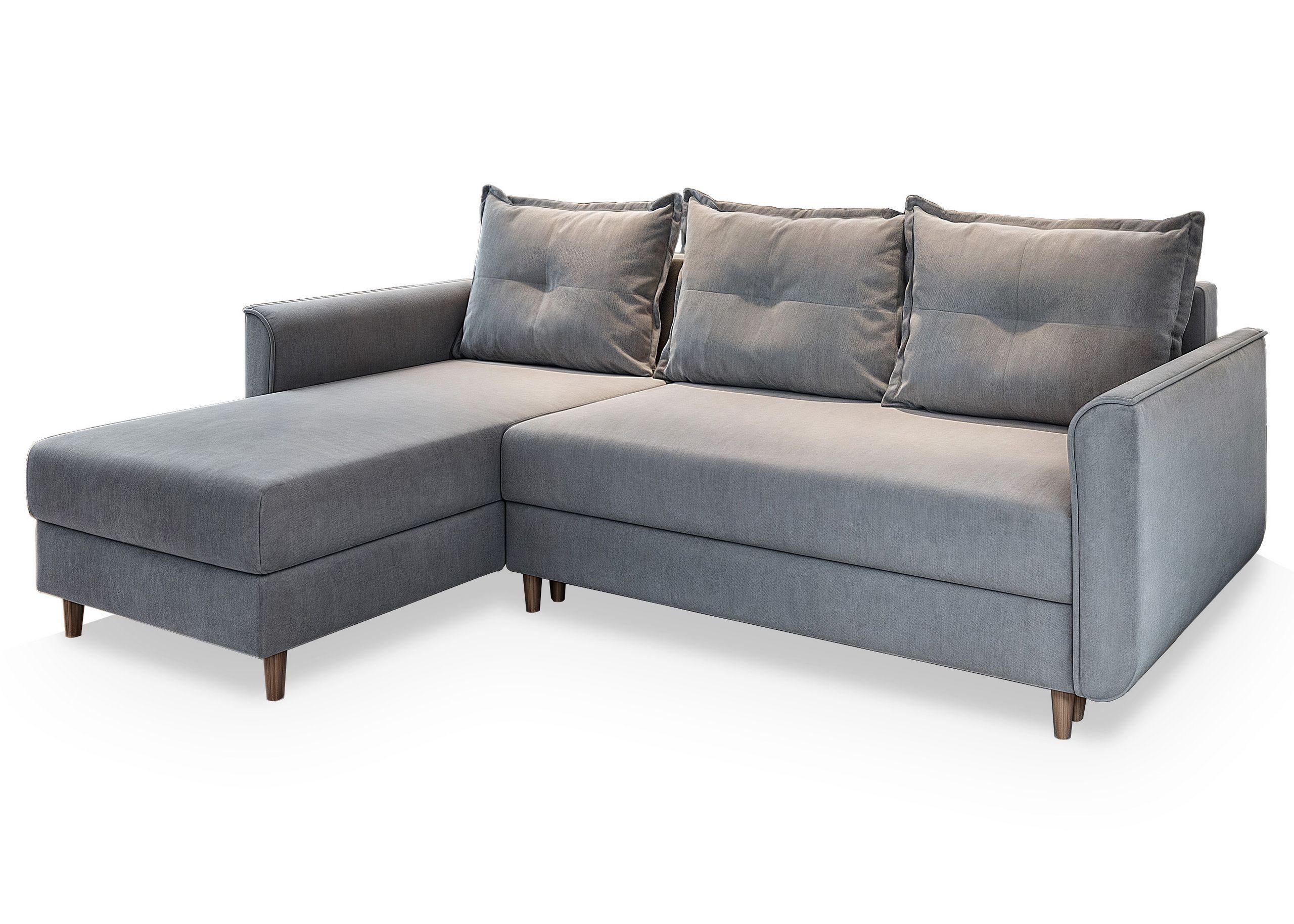 ECKSOFA PISAN R-S Hellgrau Plüsch-Stoff mit Schlaffunktion - Hellgrau/Braun, Holz/Textil (220/140cm) - MASSENO