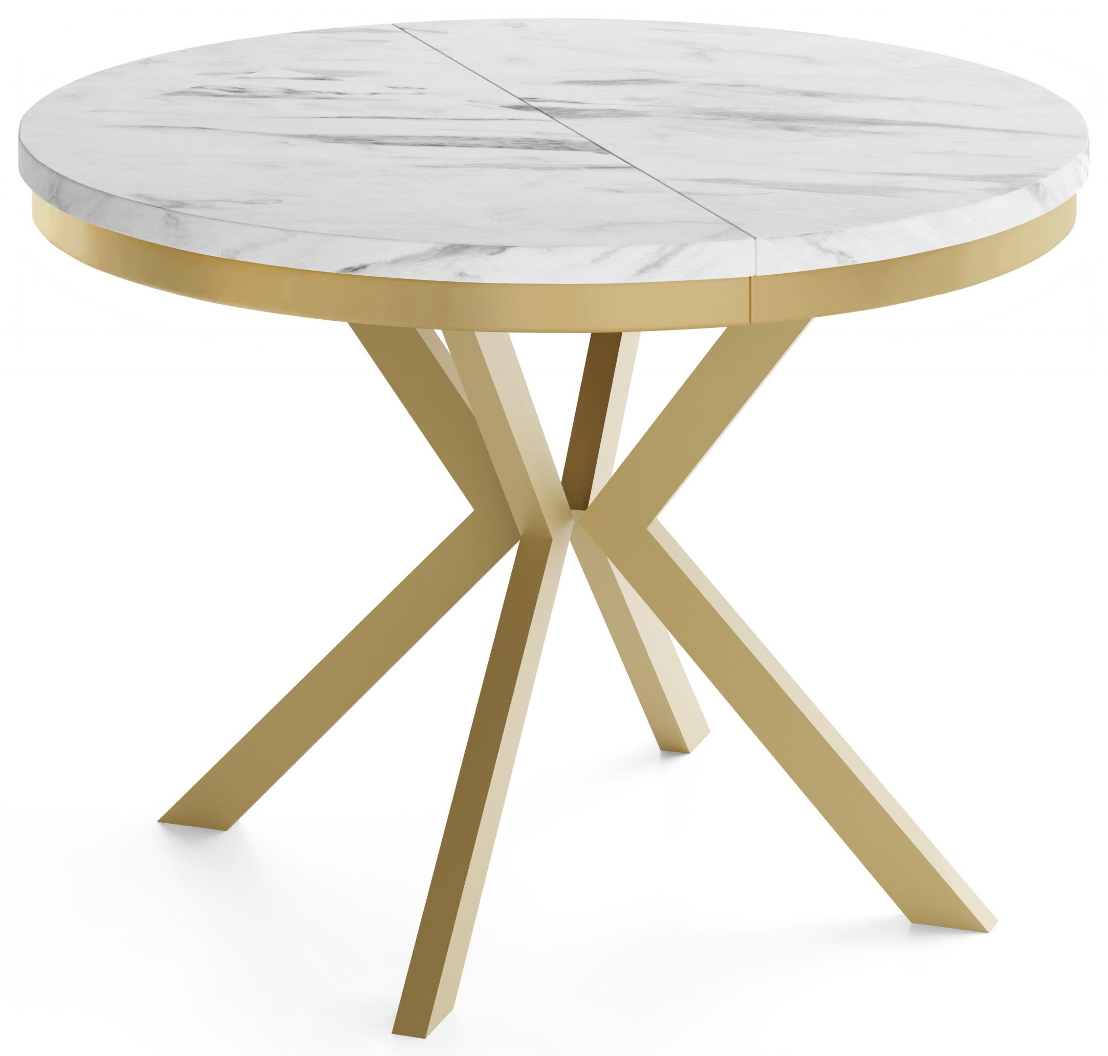 ESSTISCH Dina runder ausziehbarer, Marmor Weiß 120-200/100/76 cm - Ecru/Goldfarben, Holzwerkstoff/Metall (120/200/76cm) - WFL GROUP
