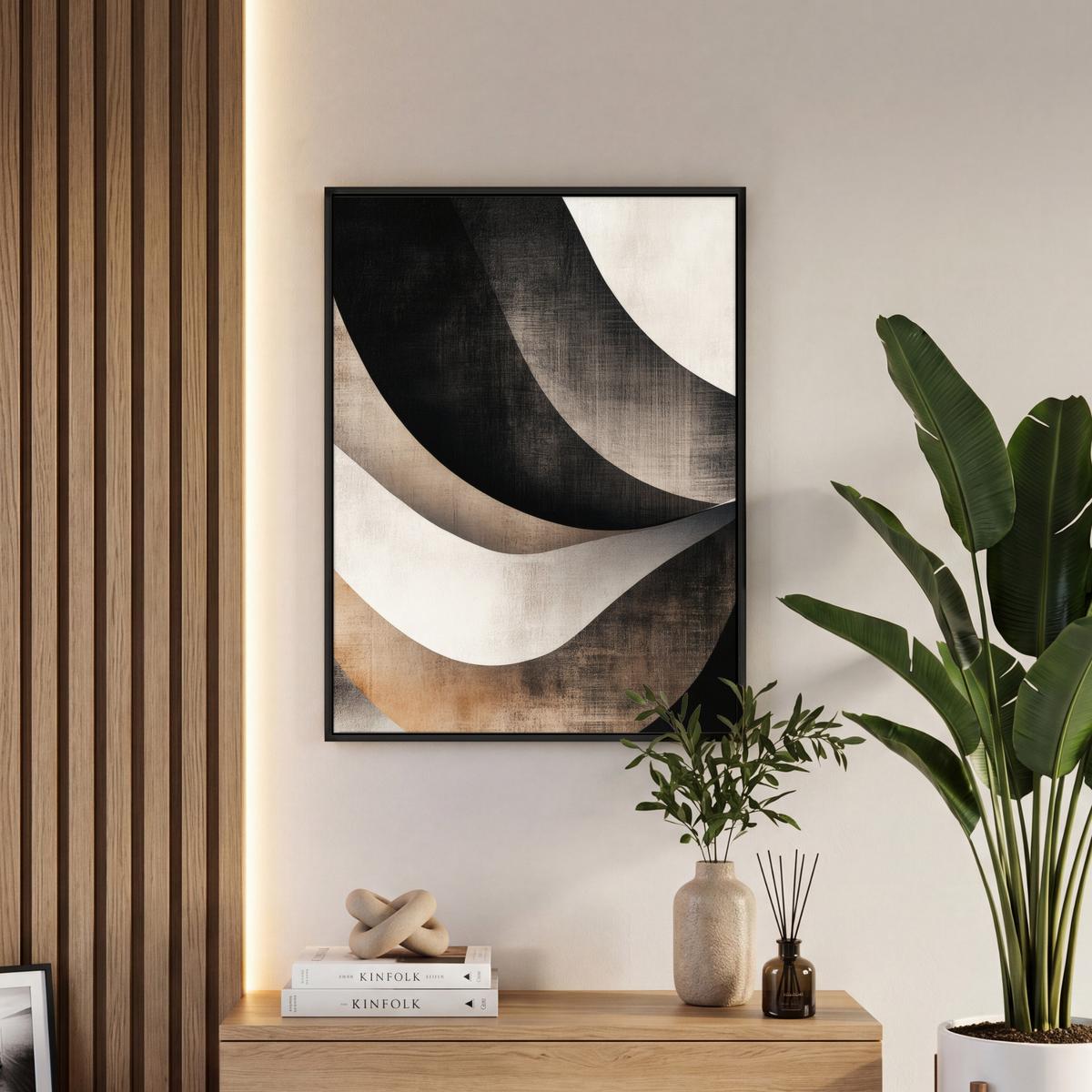 LEINWAND Bilder mit Rahmen - Abstrakt - Wellen - Schwarz - Verwittert - 50x70 - Trüffeleichefarben, Textil (50/70cm) - MuchoWow