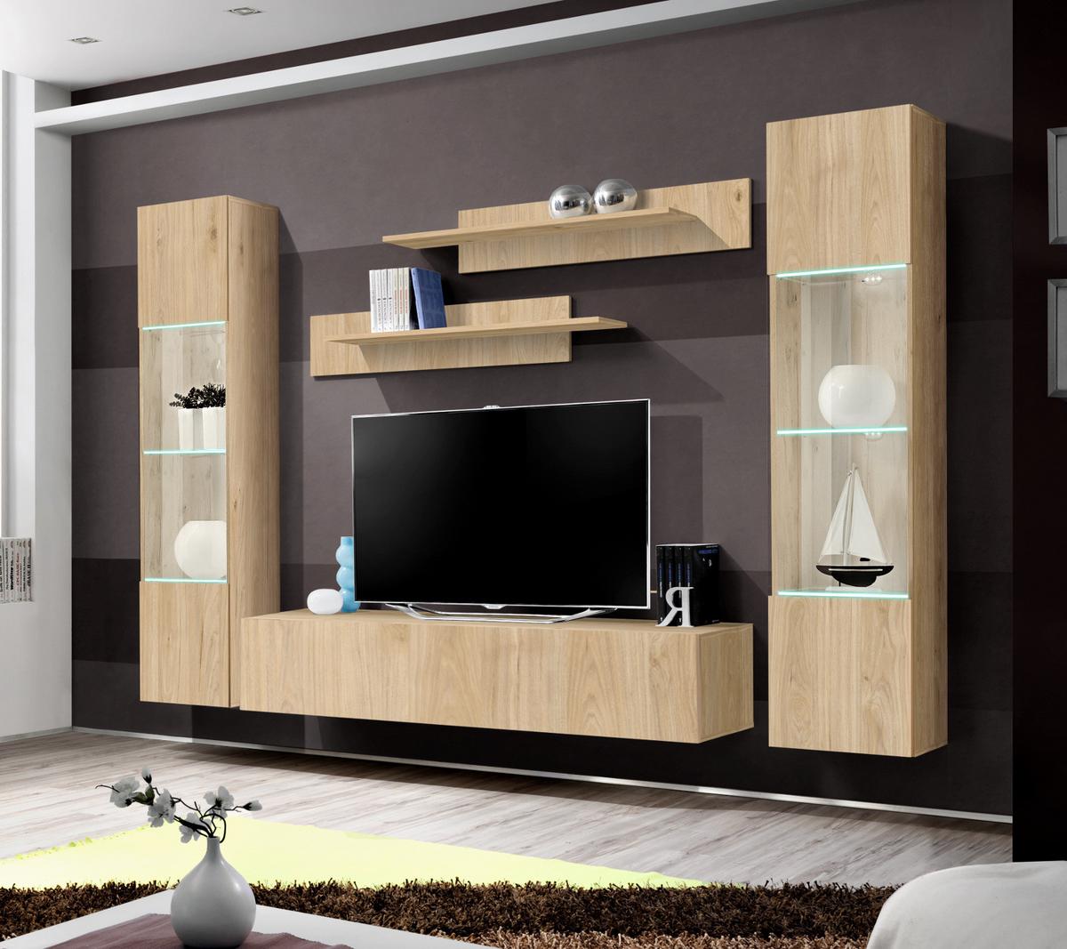 WOHNWAND Eiche Jackson 5-teilig 260 cm, Schrankwand hängend mit LED-Beleuchtung - Eichefarben, Glas/Holzwerkstoff (260/170/40cm) - Inn.Furn