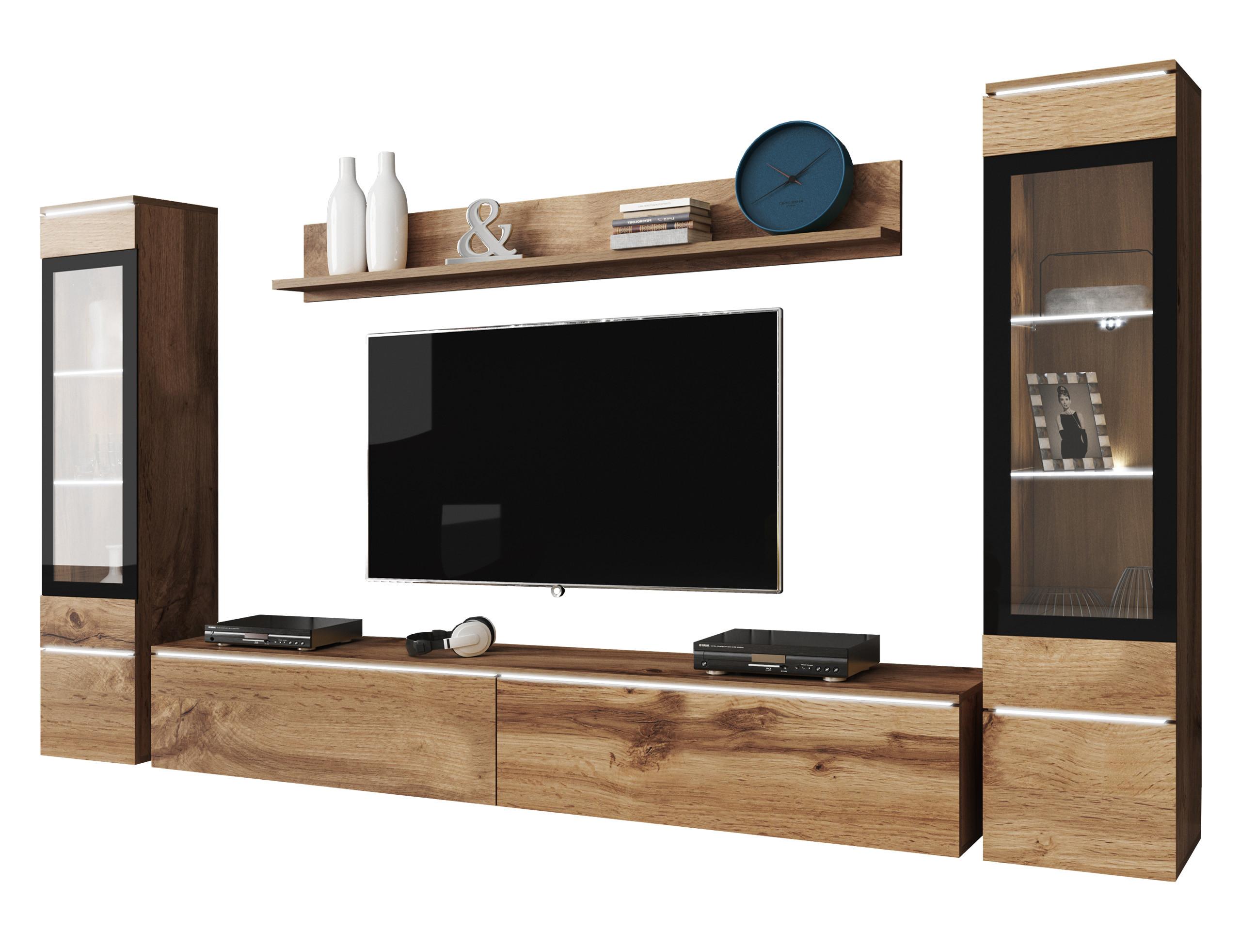 WOHNWAND Vera II mit weißer LED Beleuchtung - Eiche Wotan, Holzwerkstoff (30/130/33cm) - MIRJAN24