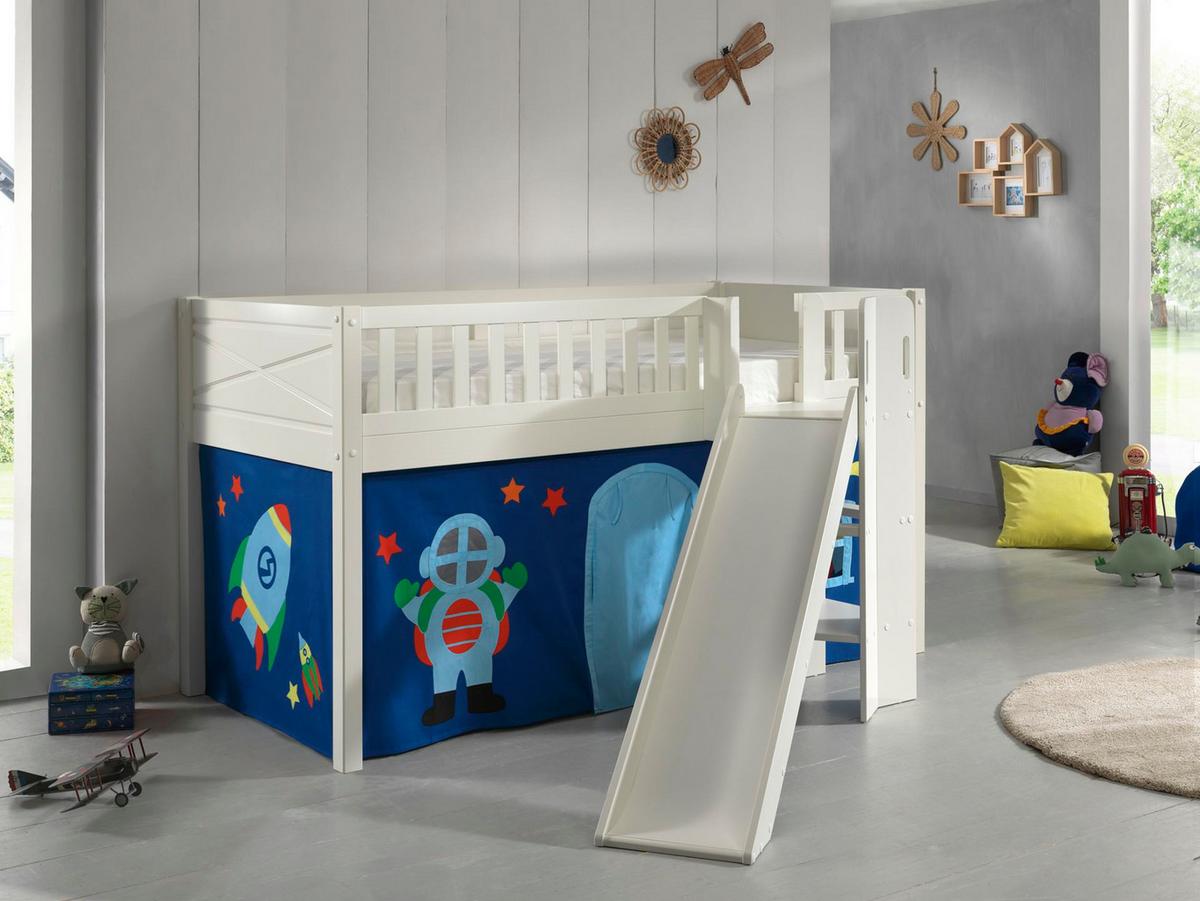 HOCHBETT mit Rutsche Karyl Massivholz Weiß Textilset Astro 1 - Blau/Weiß, Holz (90/200cm) - 58aufmkessel
