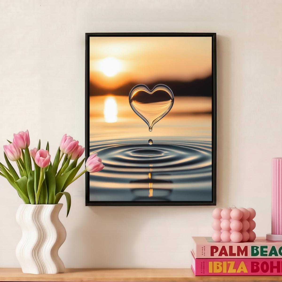 LEINWAND Bilder mit Rahmen - Herz - Wasser - Sonnenuntergang - Natur - Zen - 30x40 - Bernsteinfarben, Textil (30/40cm) - MuchoWow