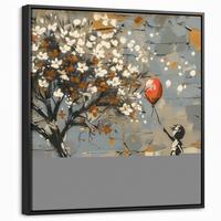 LEINWAND Bilder mit Rahmen - Baum - Graffiti - Banksy-Stil - Ballon-Mädchen - 50x50 - Blaugrau, Textil (50/50cm) - MuchoWow