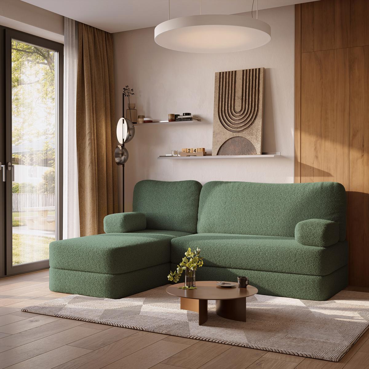 ECKSOFA SABI modulares Boneless Sofa mit Schlaffunktion Grün Boucle-Stoff - Grün, Textil (200/120cm) - MASSENO