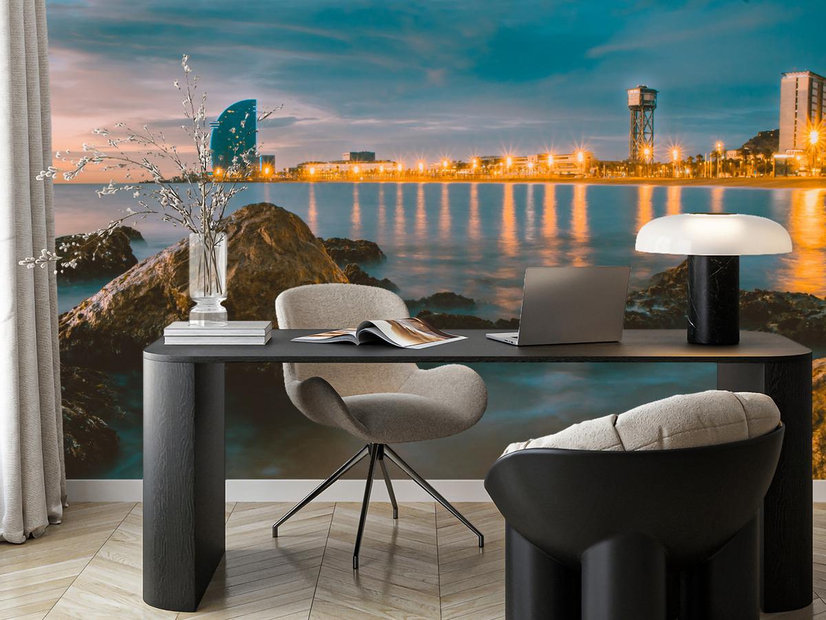 FOTOTAPETE für Wohnzimmer Barcelona Küste Nacht Meer Felsen 150x105 - Blau, Papier (150/105cm) - Muralo