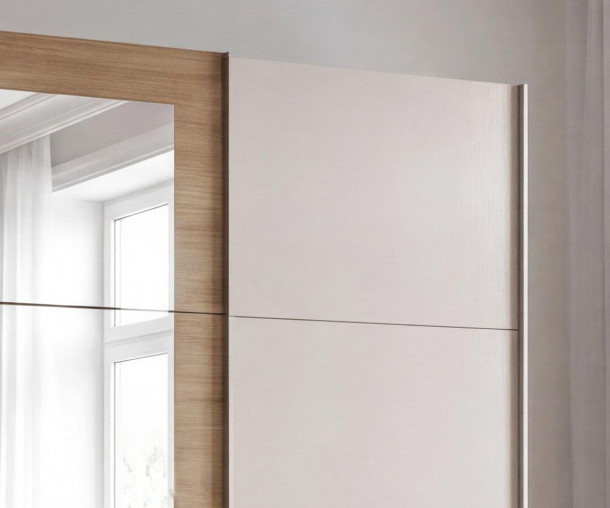 SCHWEBETÜRENSCHRANK 3-türig B270/H208/64 cm Kleiderschrank in Beige Grau, Spiegel umrahmt in Eiche Natur, Griffe Beige Grau / 22628 - Beige/Grau, Holzwerkstoff/Metall (270/208/64cm) - luma-home