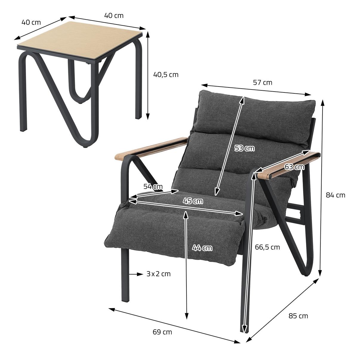 GARTENMÖBEL Set 3 tlg Anthrazit-Grau mit Stahlgestell - Anthrazit/Braun, Textil/Metall - ML-DESIGN