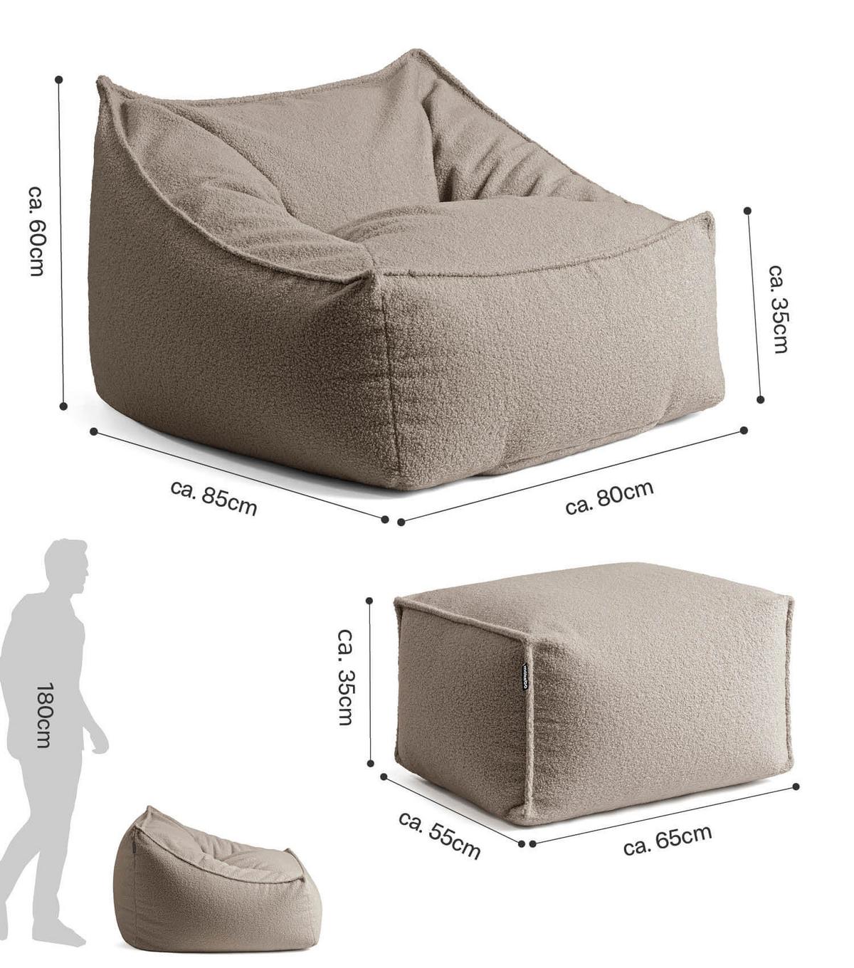 SITZSACK Bouclé Snug mit Hocker - Taupe, Textil (150/75/60cm) - Mokebo