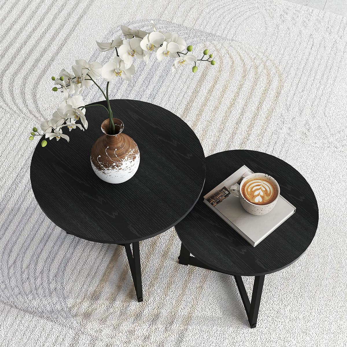 2ER-SET Couchtisch, Runder Beistelltisch, Kaffeetisch mit Stahlgestell Sofatisch - Schwarz, Metall (48/48/45cm) - HOMCOM