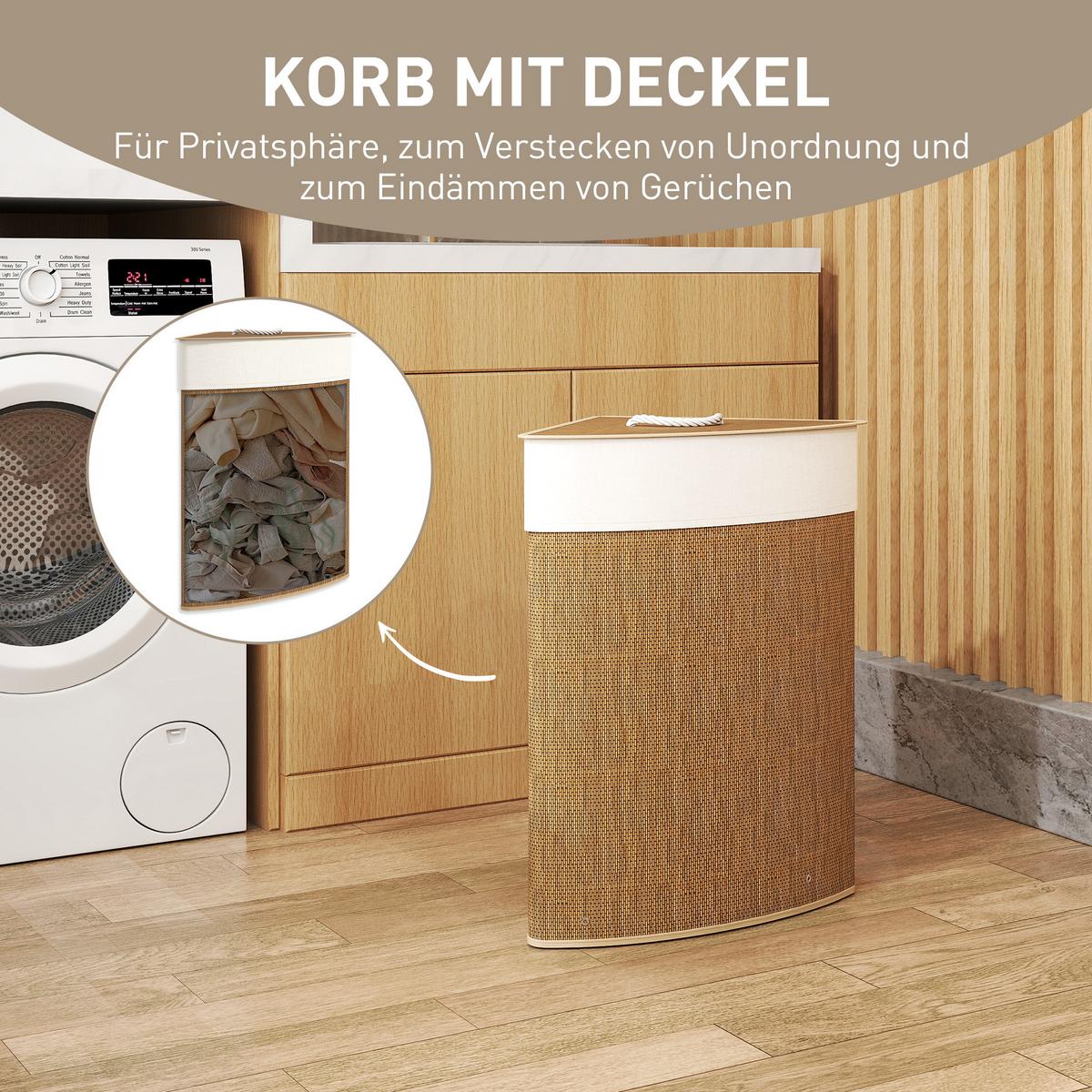 BAMBUS Wäschekorb mit Deckel 55 L Eck Wäschesammler mit herausnehmbar Wäschesack - Braun, Naturmaterialien (35/60/35cm) - HOMCOM