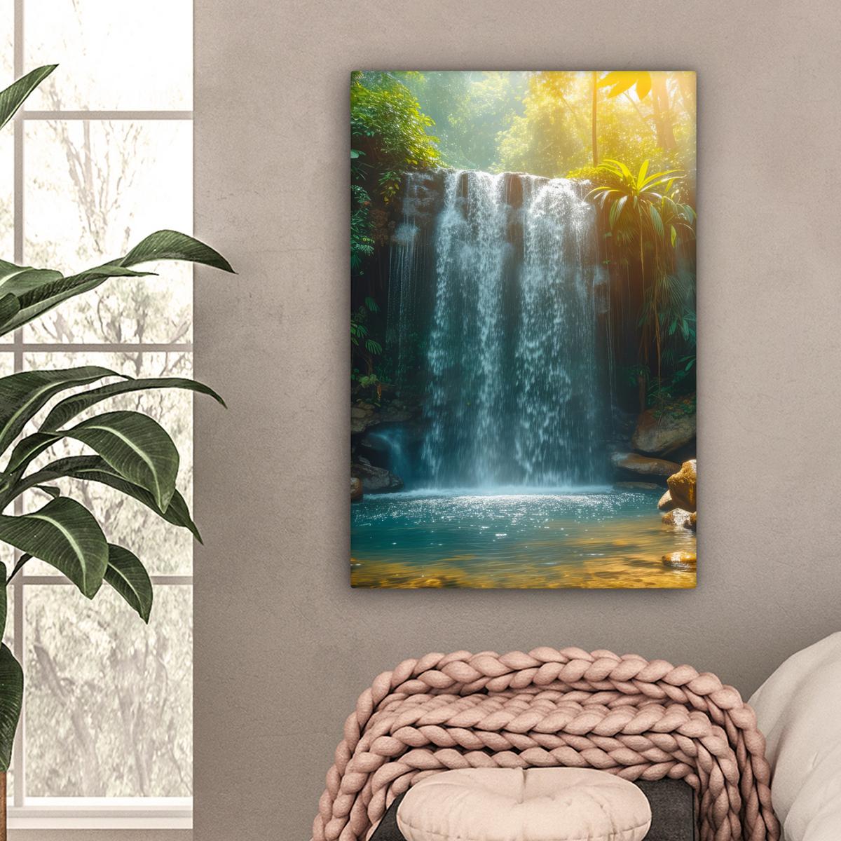 LEINWANDBILD Wasserfall - Dschungel - Sonne - Grün - Natur Wanddeko Schlafzimmer 60x90 cm - Grün, Textil (60/90cm) - MuchoWow