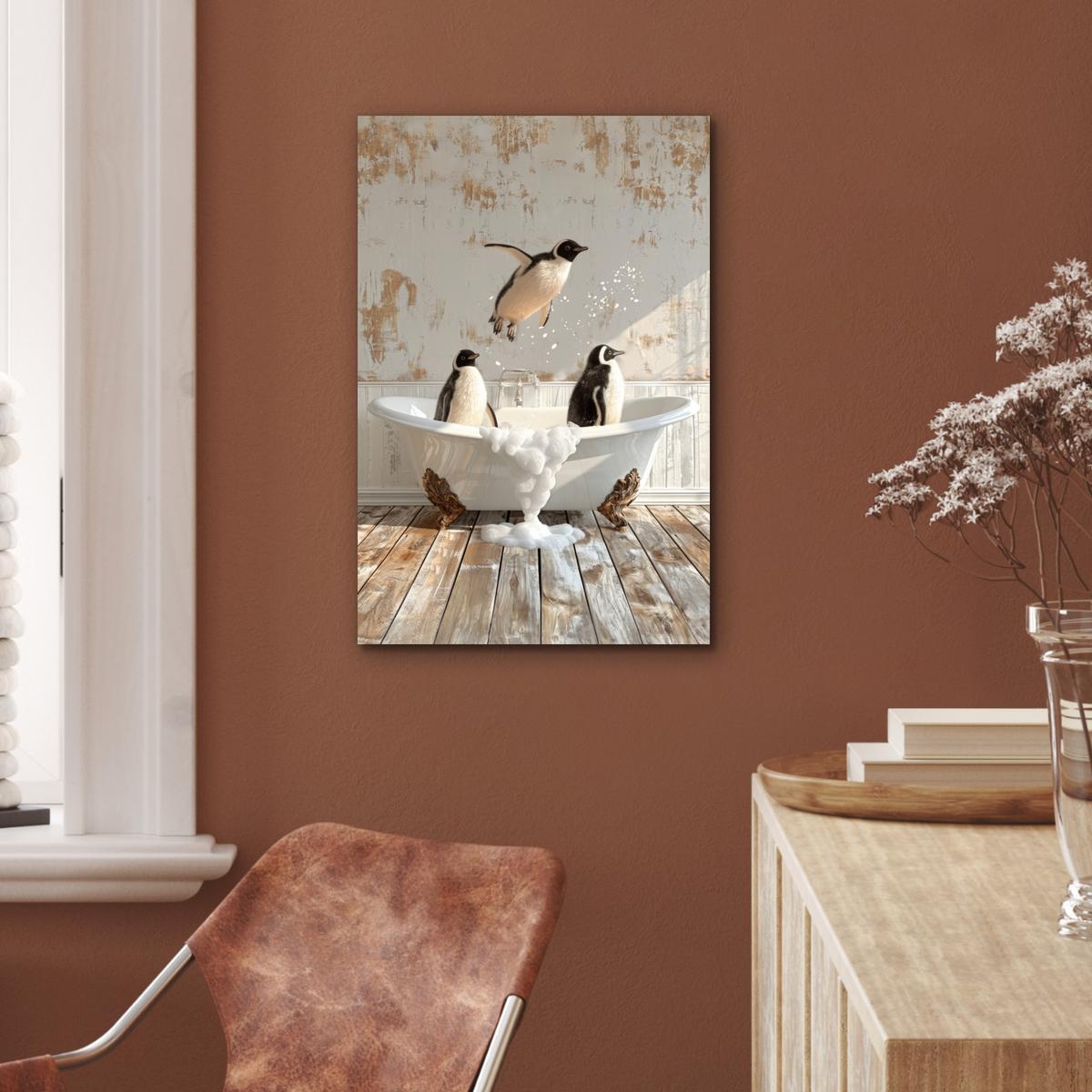 METALLBILD Vintage - Pinguin - Badewanne - Schaumstoff Deko Schlafzimmer 40x60 cm - Schwarz, Metall (40/60cm) - MuchoWow
