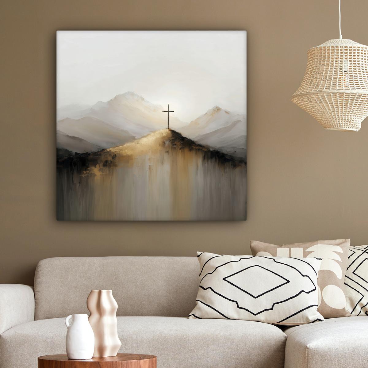 LEINWANDBILD Hügel - Abstrakt - Kreuz - Christentum Deko Groß 90x90 cm - Beige, Textil (90/90cm) - MuchoWow