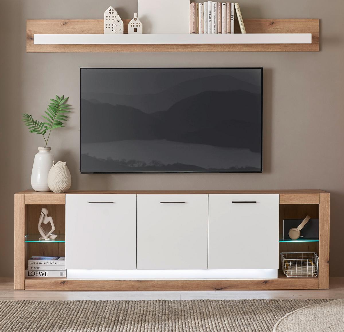 WOHNZIMMER-SET Wandboard weiß matt, Evoke Eiche, Wohnkombination Set 2-teilig - Eichefarben/Silberfarben, Glas/Holzwerkstoff (198/170/43cm) - Furn.Design