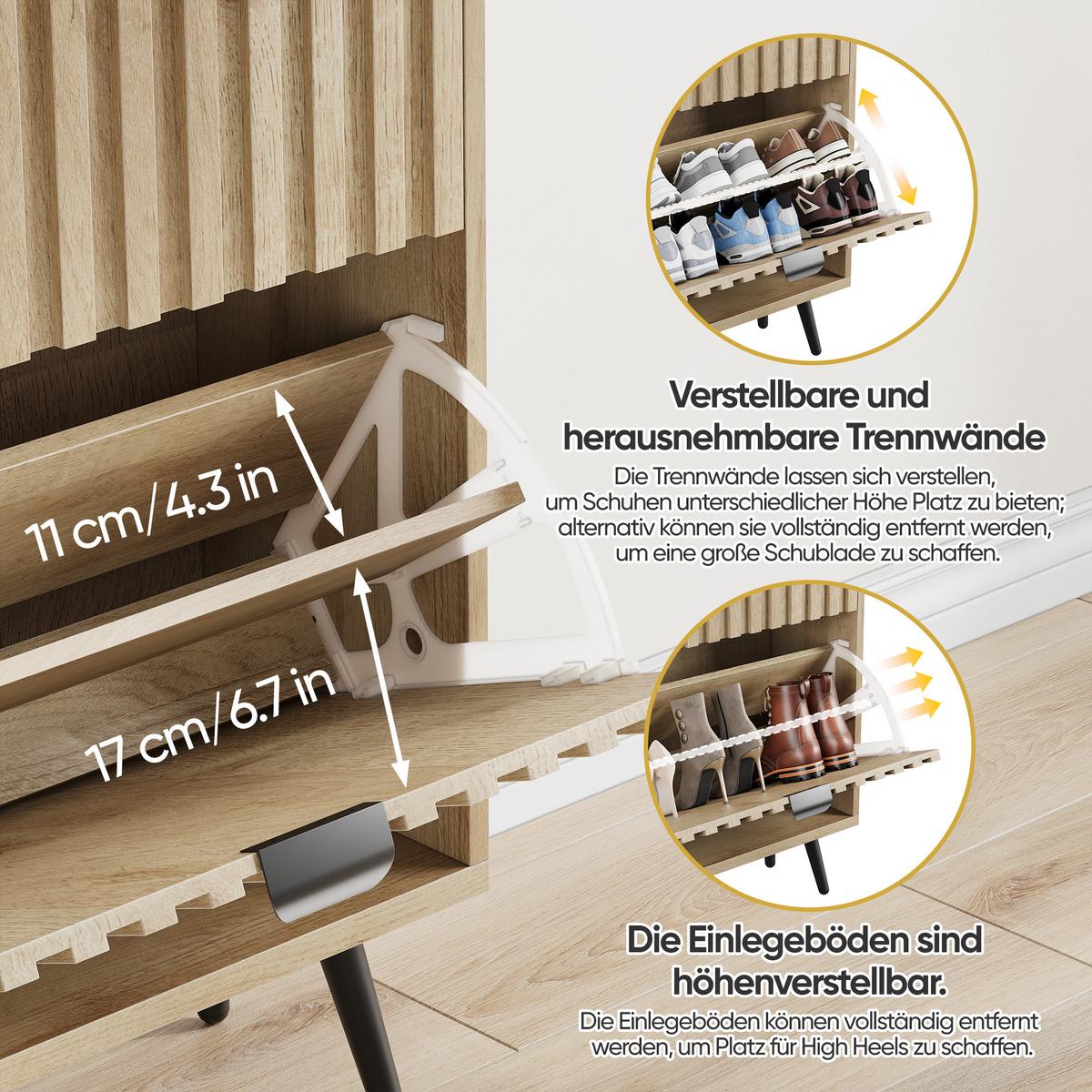 SCHUHESCHRANK Eichenfarben Mid-Century Mit 2 Kippfächern - Eichefarben, Holzwerkstoff (60/95/24cm) - Urban Meuble