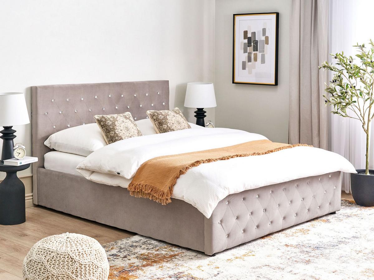 BETT mit Stauraum 160/200 cm Samtstoff Taupe Amiens - Taupe, Textil (160/200cm) - Beliani