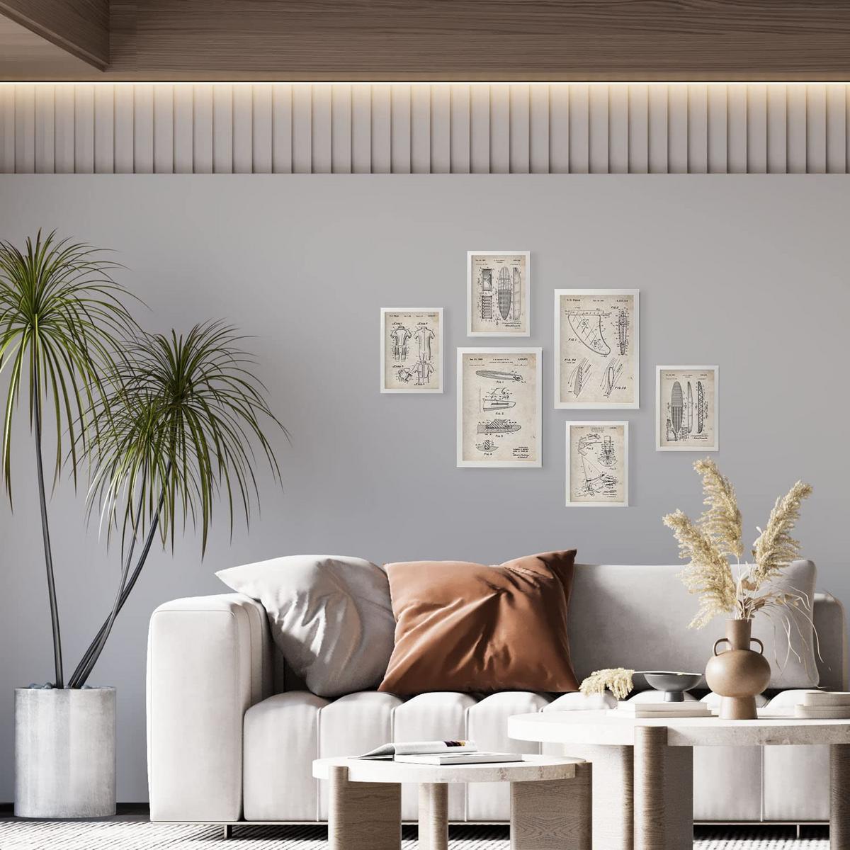 POSTER Set Mit 6 Plakaten Mit Surfen Patenten Im Vintage Stil A3 & A4 Rahmen Aus Hellem Holz - Beige, Papier (29/3cm) - Nacnic