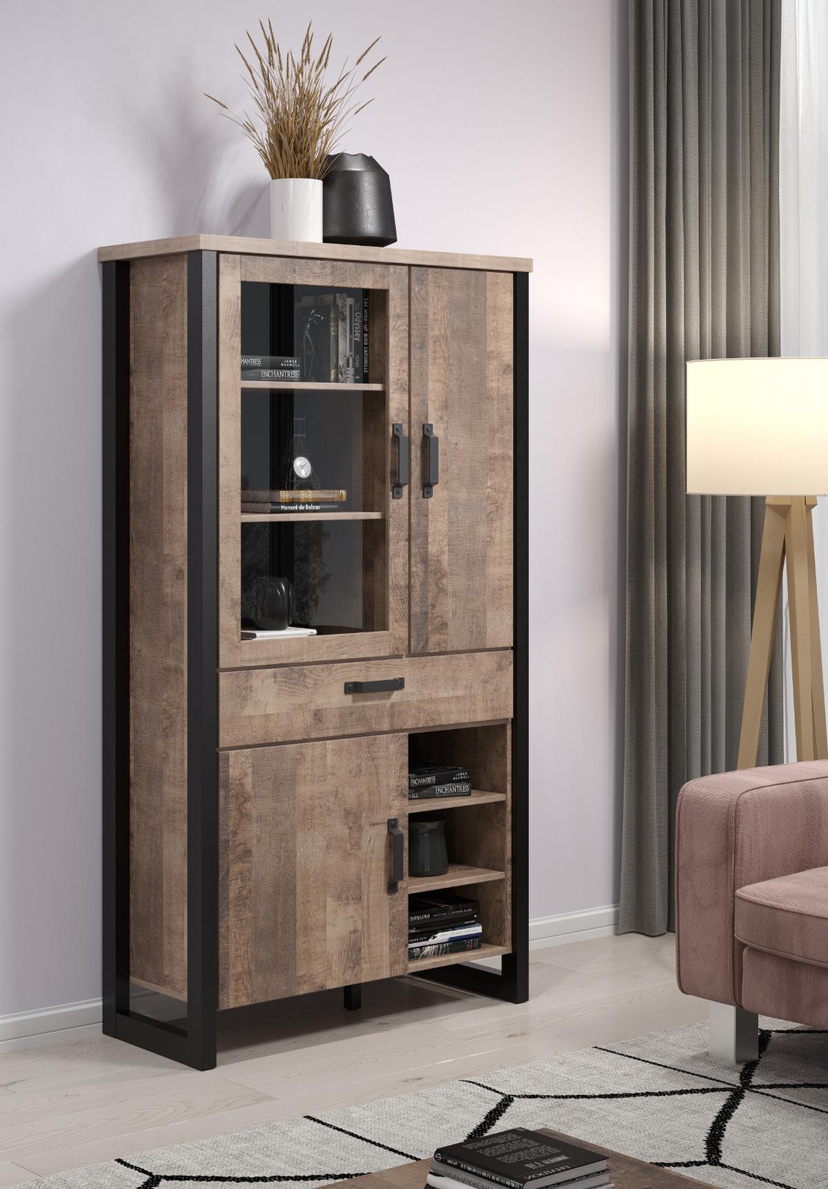 VITRINE Eiche Tabak, schwarz 106 x 195 cm, Vitrinenschrank für Wohn- und Esszimmer - Eichefarben/Schwarz, Glas/Holzwerkstoff (45/195/106cm) - Top.Furn
