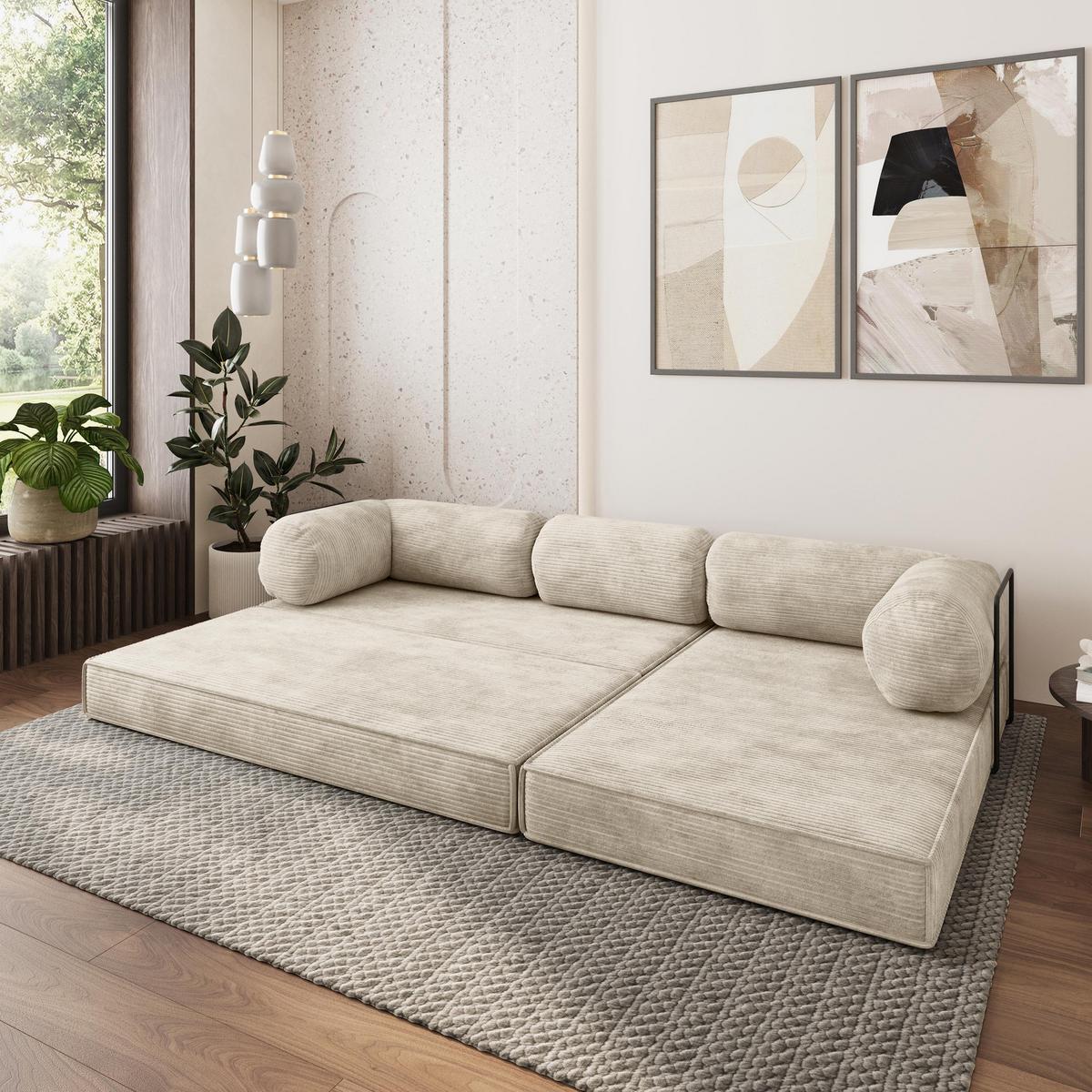 ECKSOFA ETERA modulares Boneless Sofa mit Schlaffunktion Creme Kordstoff - Creme, Textil (270/160cm) - MASSENO