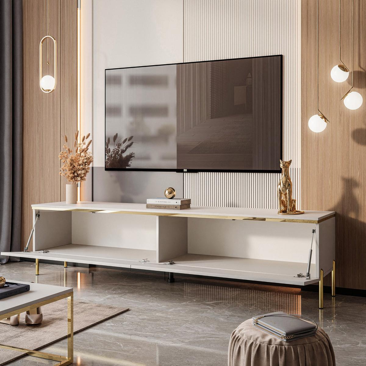 TV-LOWBOARD AURORA Kaschmir mit gerade Goldchrom Fuße - Kaschmir/Goldfarben, Holzwerkstoff/Metall (180/46/40cm) - Lookway