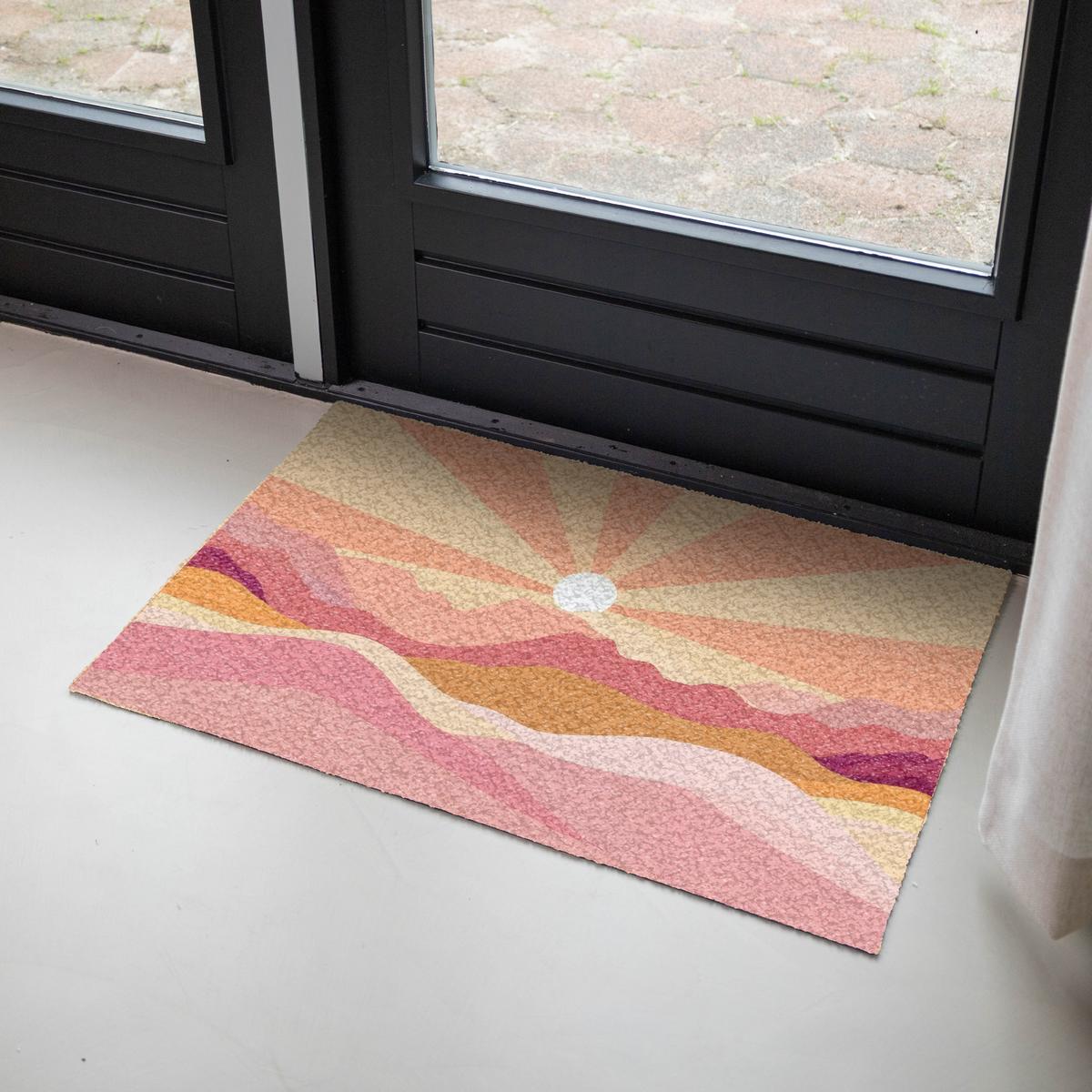 FUSSMATTE Berge - Abstrakt - Sonnenstrahlen - Rosa Sauberlaufmatte 90x60 cm - Rosa, Kunststoff (90/0.4cm) - MuchoWow