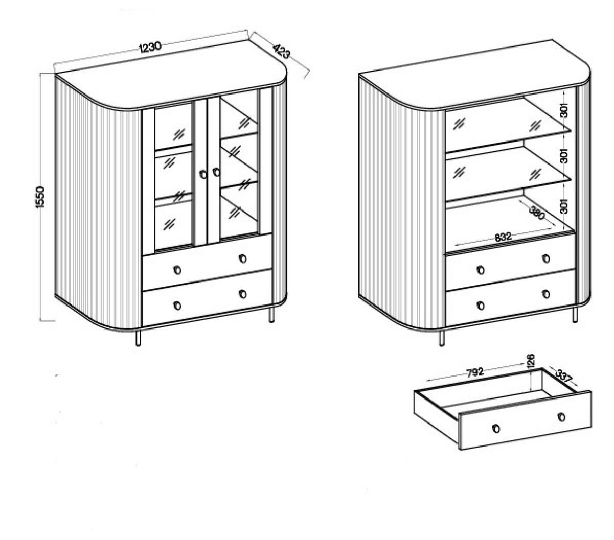 VITRINE BOLLA 155 / 123 cm in Eichefarben - Eichefarben, Holzwerkstoff (123/155/42.3cm) - MASSENO
