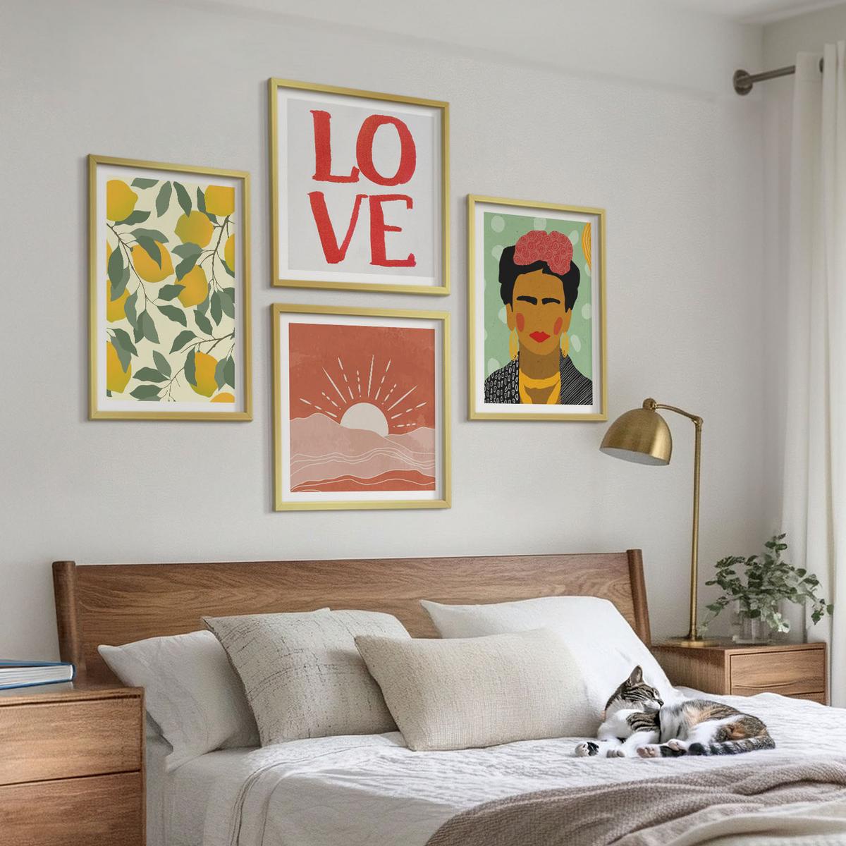 BILDER SET 4er Set - 50x50 cm & 40x60 cm Goldrahmen - Zitronen Inschrift Liebeslandschaft Frida - Goldfarben, Kunststoff (50/50cm) - TULUP