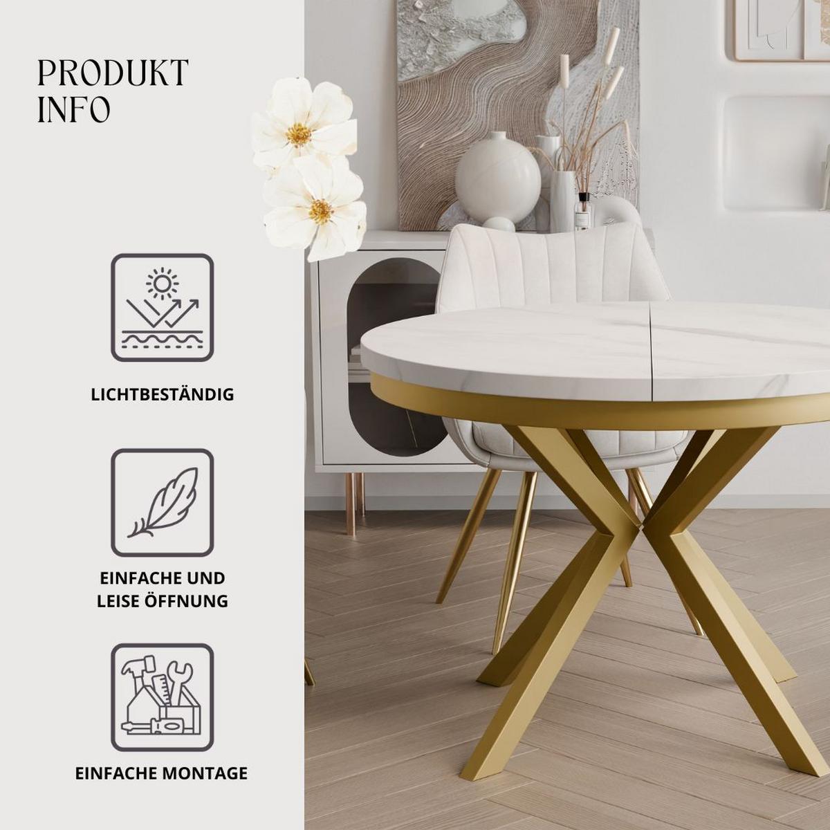 AUSZIEHTISCH MILTON 90-166/76 cm mit Metallgestell und Zarge, Gold / Bianco Marmor - Perlmutt/Goldfarben, Holzwerkstoff/Metall (90/90/76cm) - Idohome