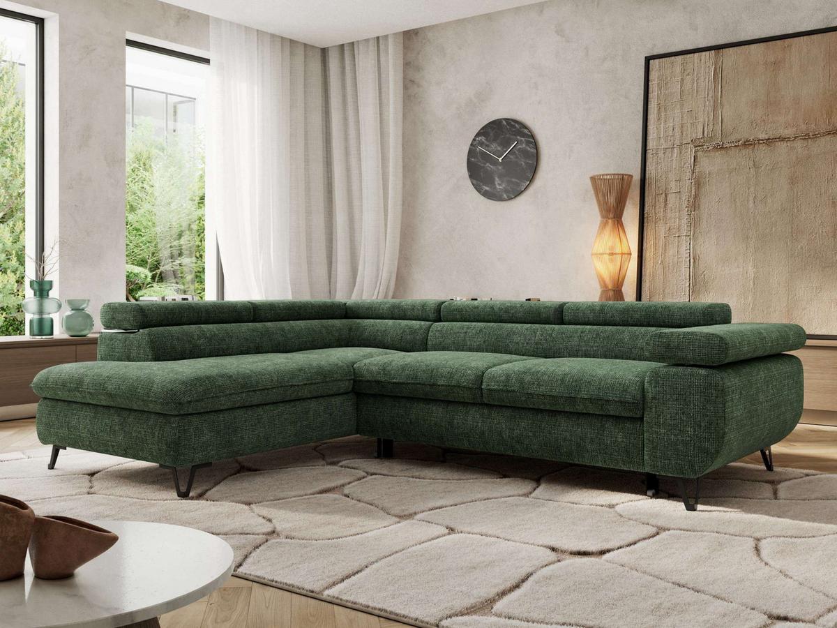 ECKSOFA PABLO L Dunkelgrün Schenille grob gewebt - Links Seite - Dunkelgrün/Schwarz, Textil/Metall (208/273cm) - MKS