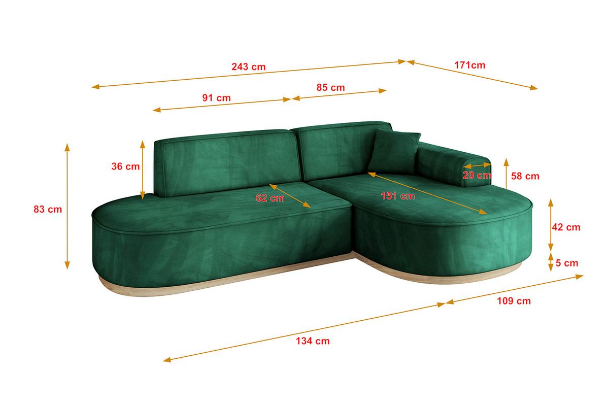 ECKSOFA Ottomane Rechts MARI-L1-v1 - 243x171x83 cm Grün Velours - Grün, Holzwerkstoff/Textil (171/243cm) - ALTDECOR