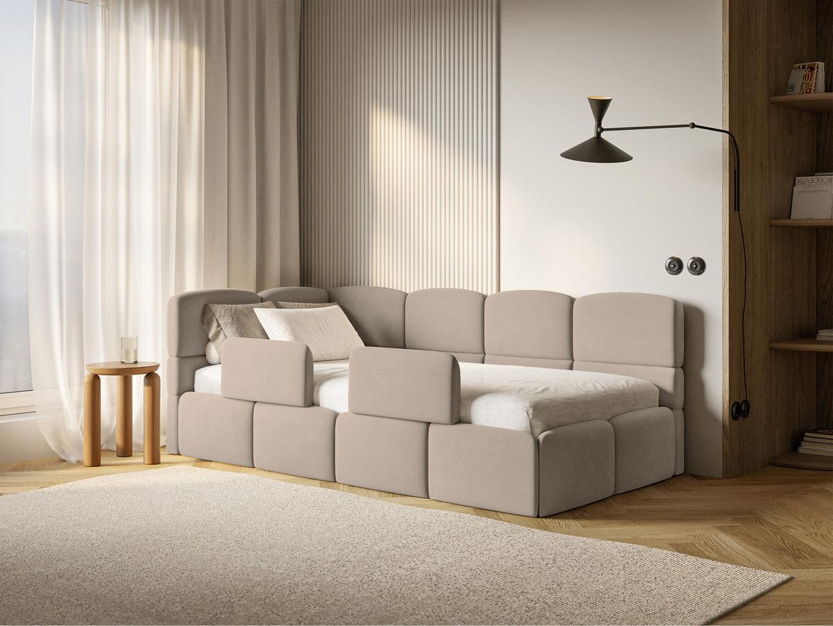 KINDERBETT Cloudy Beige 90x200 cm, mit Matratze & Rausfallschutz, Kopfteil links, Samt - Beige/Schwarz, Kunststoff/Textil (90/200cm) - Selsey