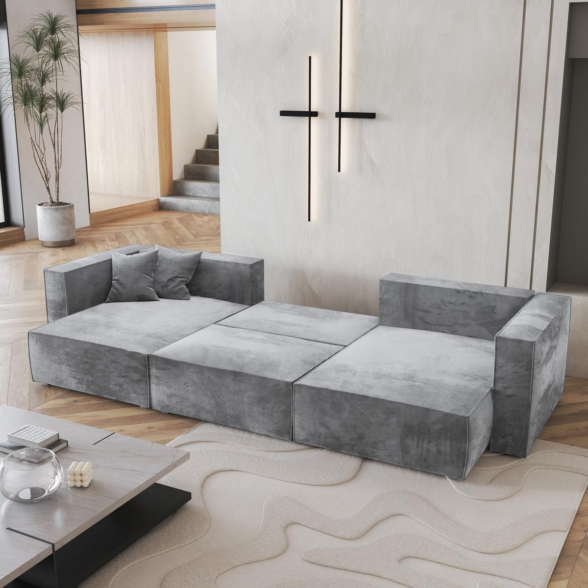 WOHNLANDSCHAFT SARMO M Hellgrau Velours-Stoff mit Schlaffunktion - Hellgrau/Grau, Holz/Kunststoff (347/70/148cm) - MASSENO