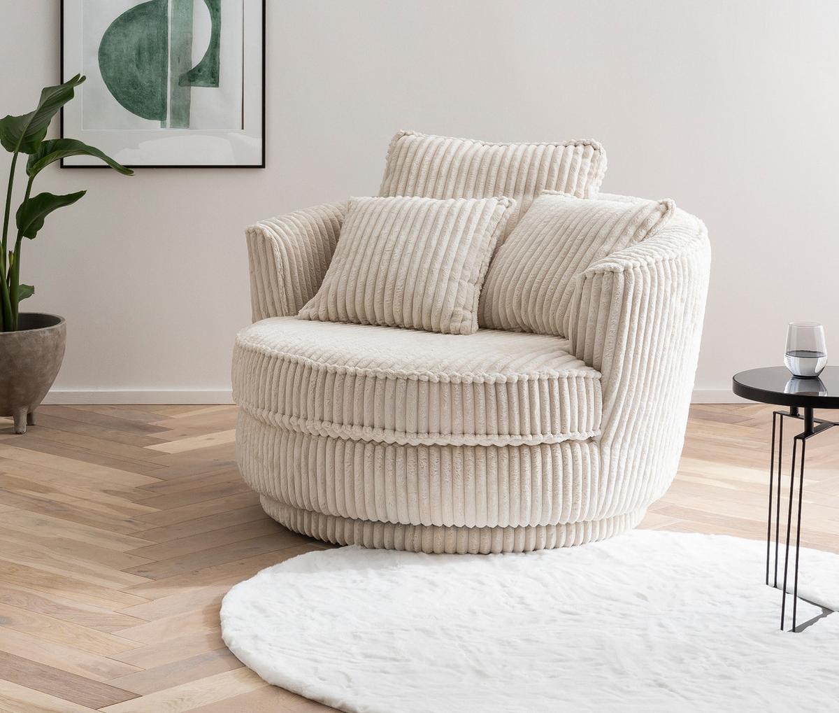 BIG-SESSEL Relaxsessel Mega Cord creme wollweiß Ø 120 cm 360° drehbar, inklusive 3x Kissen - Creme/Weiß, Holzwerkstoff/Textil (120/86/120cm) - Furn.Design