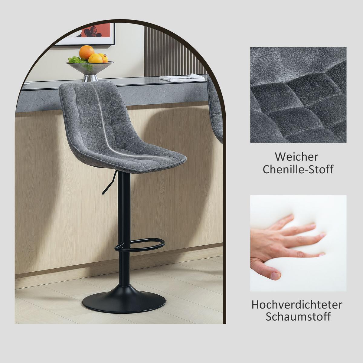 BARHOCKER 2er-Set, Gepolstert Barstuhl mit Lehne, Chenille-Optik Dunkelgrau - Dunkelgrau/Schwarz, Kunststoff/Textil (47/115.5/48cm) - HOMCOM
