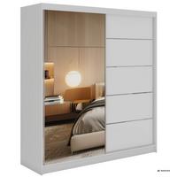 SCHWEBETÜRENSCHRANK mit Schubladen 200 - SKORIA - Weiß mit Spiegel - Alufarben/Weiß, Holzwerkstoff/Metall (200/216/61cm) - MKS