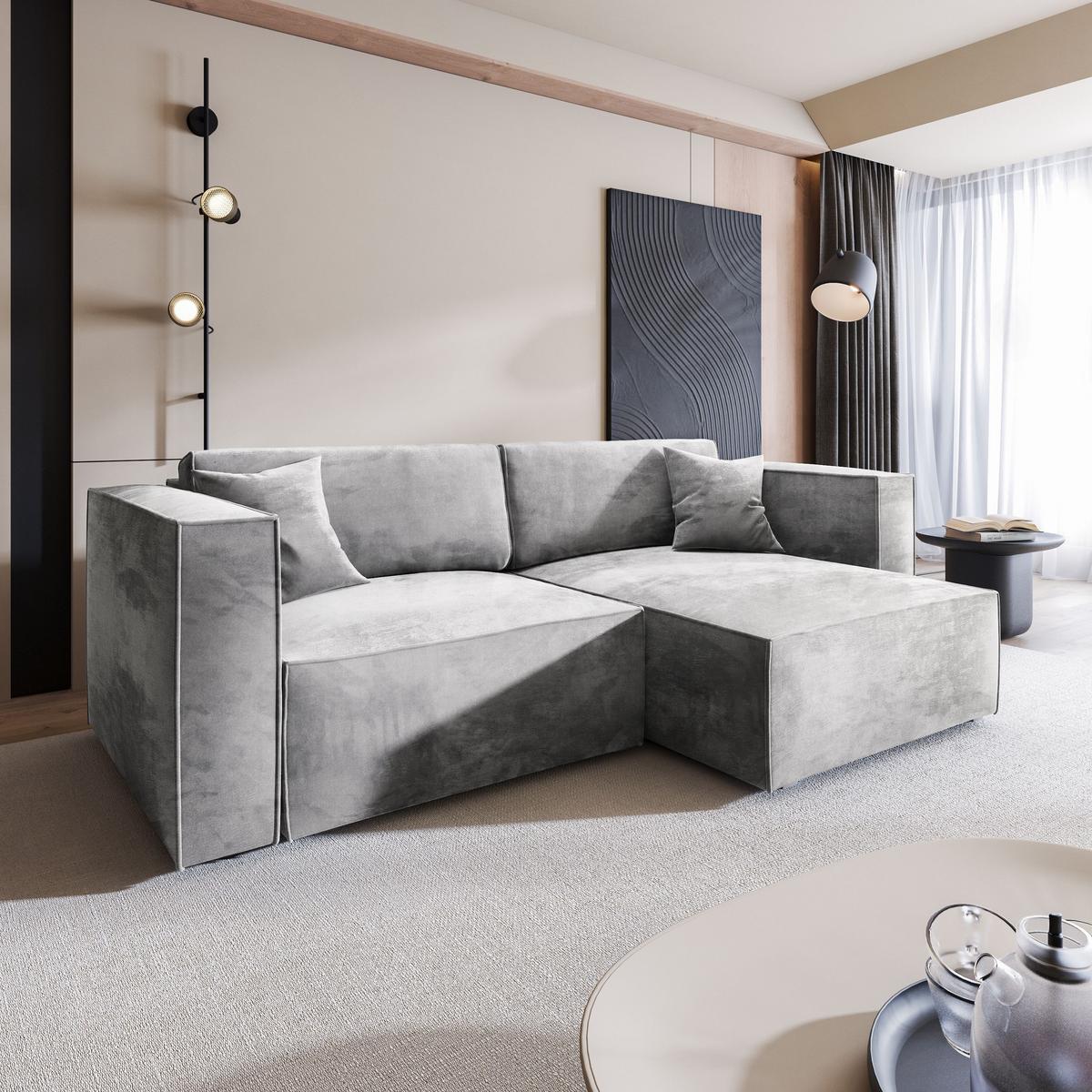 ECKSOFA NERIO M Hellgrau Velours-Stoff mit Schlaffunktion - Hellgrau/Grau, Holz/Kunststoff (245/148cm) - MASSENO