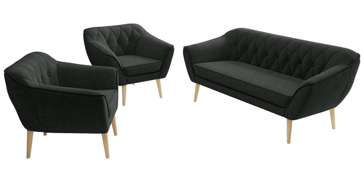 SITZGARNITUR PIRS 3+1+1 - Dunkelgrau Strukture - Holzbeine - Dunkelgrau/Buchefarben, Holzwerkstoff/Textil (180/75/74cm) - MKS