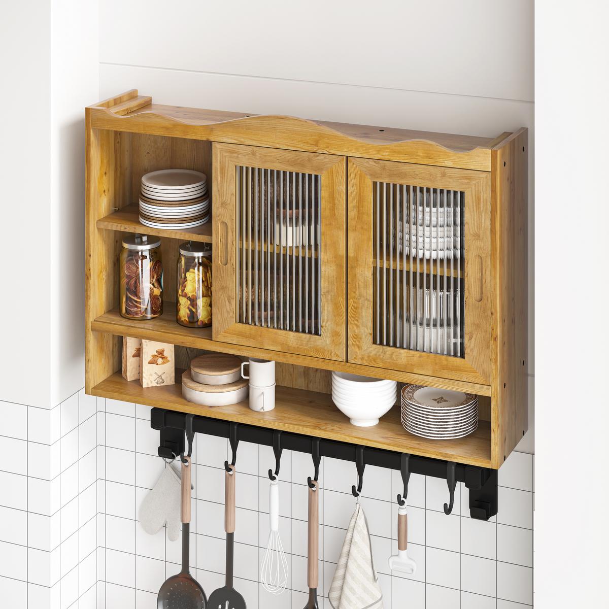 WANDSCHRANK Massivholz Schiebetüren Riffelglas Natur 3 Ebenen 90cm - Naturfarben, Holz/Holzwerkstoff (90/60/20cm) - Urban Meuble