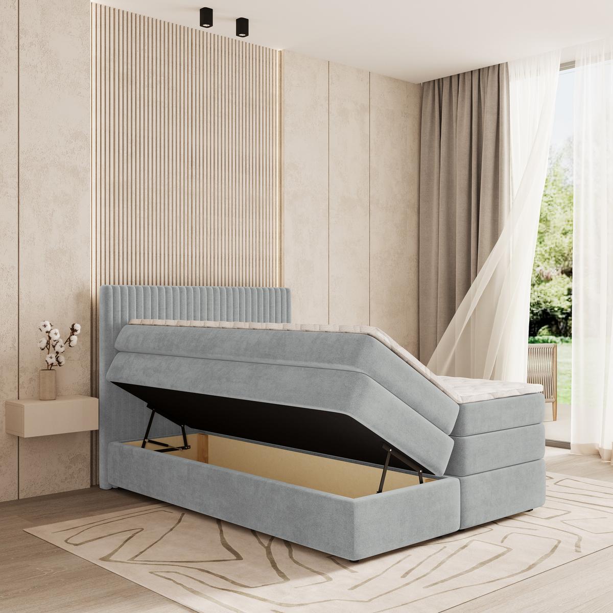 BOXSPRINGBETT FELBIO 180x200 cm mit Matratze und Topper - Hellgrau - Hellgrau, Holz (180/200cm) - MASSENO