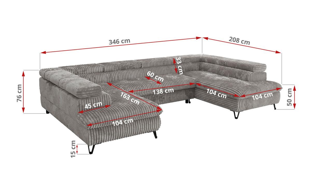 WOHNLANDSCHAFT PABLO U Cord Hellgrau - Hellgrau/Schwarz, Textil/Metall (346/76/208cm) - MKS