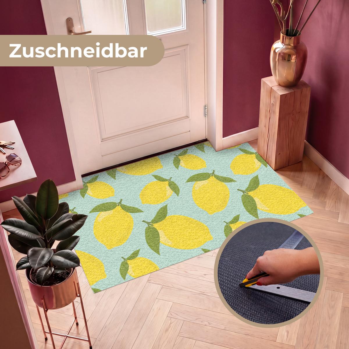 FUSSMATTE Muster Zitronen - Gelb - Blau - Muster - Früchte Flurteppich 150x90 cm - Gelb, Kunststoff (150/0.4cm) - MuchoWow