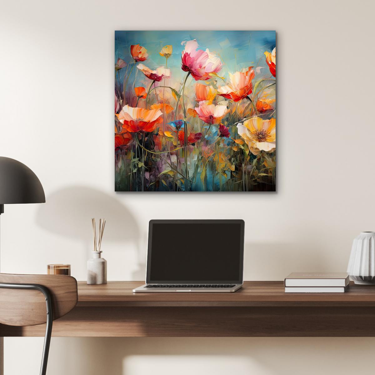 METALLBILD Blumen - Aquarell - Kunst - Botanisch - Natur 50x50 cm - Orange, Metall (50/50cm) - MuchoWow