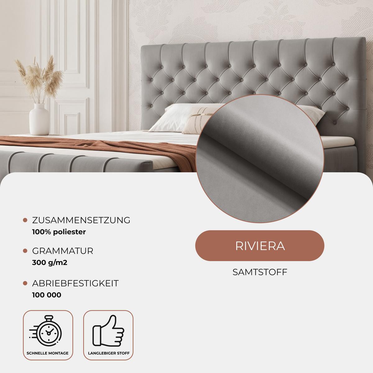 BOXBETT JOLIE 180x200 cm mit Matratze, Hellgrau - Hellgrau, Textil (180/200cm) - Idohome