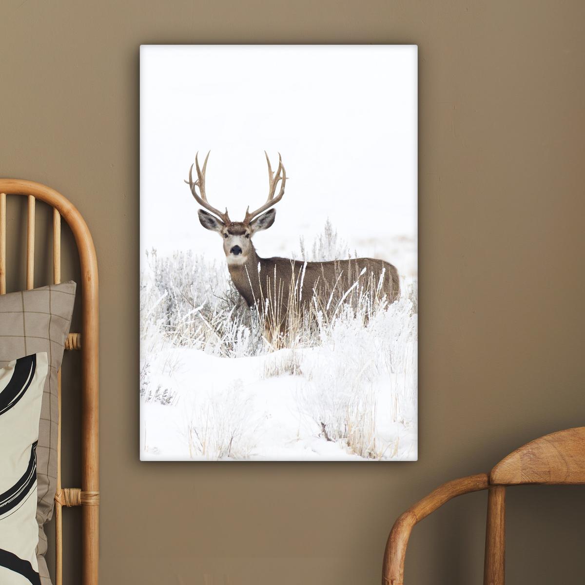LEINWANDBILD Hirsche - Winter - Schnee - Tiere - Jahreszeiten - Weiß Wanddeko 40x60 cm - Hellbraun, Textil (40/60cm) - MuchoWow