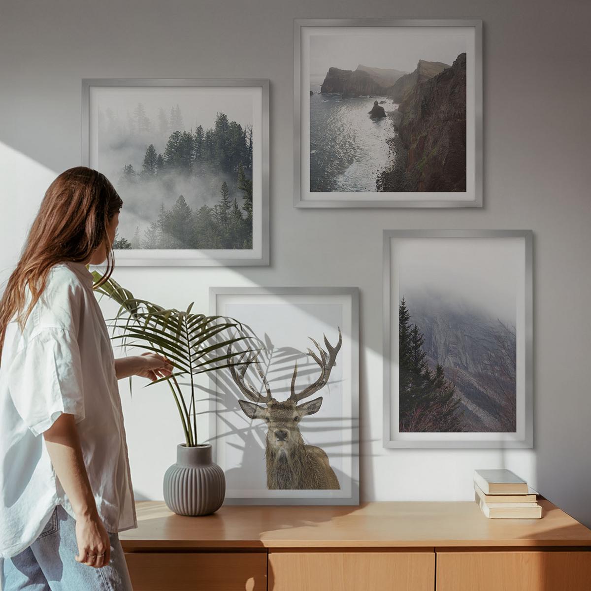 BILDER SET 4er Set - 50x50 cm & 40x60 cm Silberner Rahmen - Berglandschaft Nebel Hirsch - Silberfarben, Kunststoff (50/50cm) - TULUP