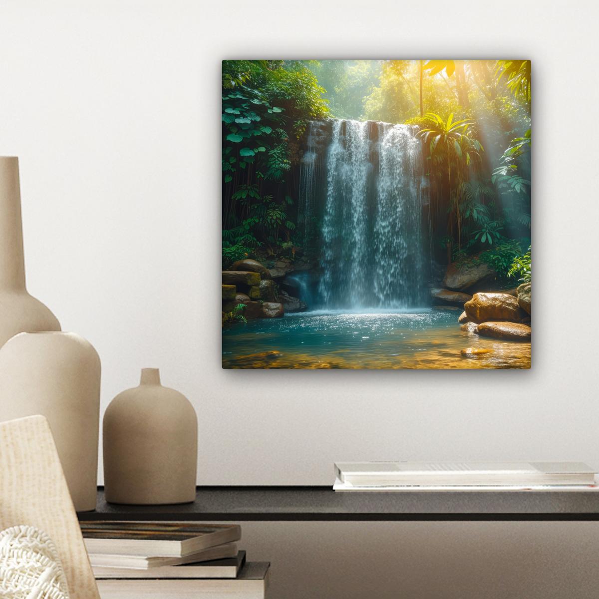LEINWANDBILD Wasserfall - Dschungel - Sonne - Grün - Natur Deko Wohnzimmer 20x20 cm - Grün, Textil (20/20cm) - MuchoWow