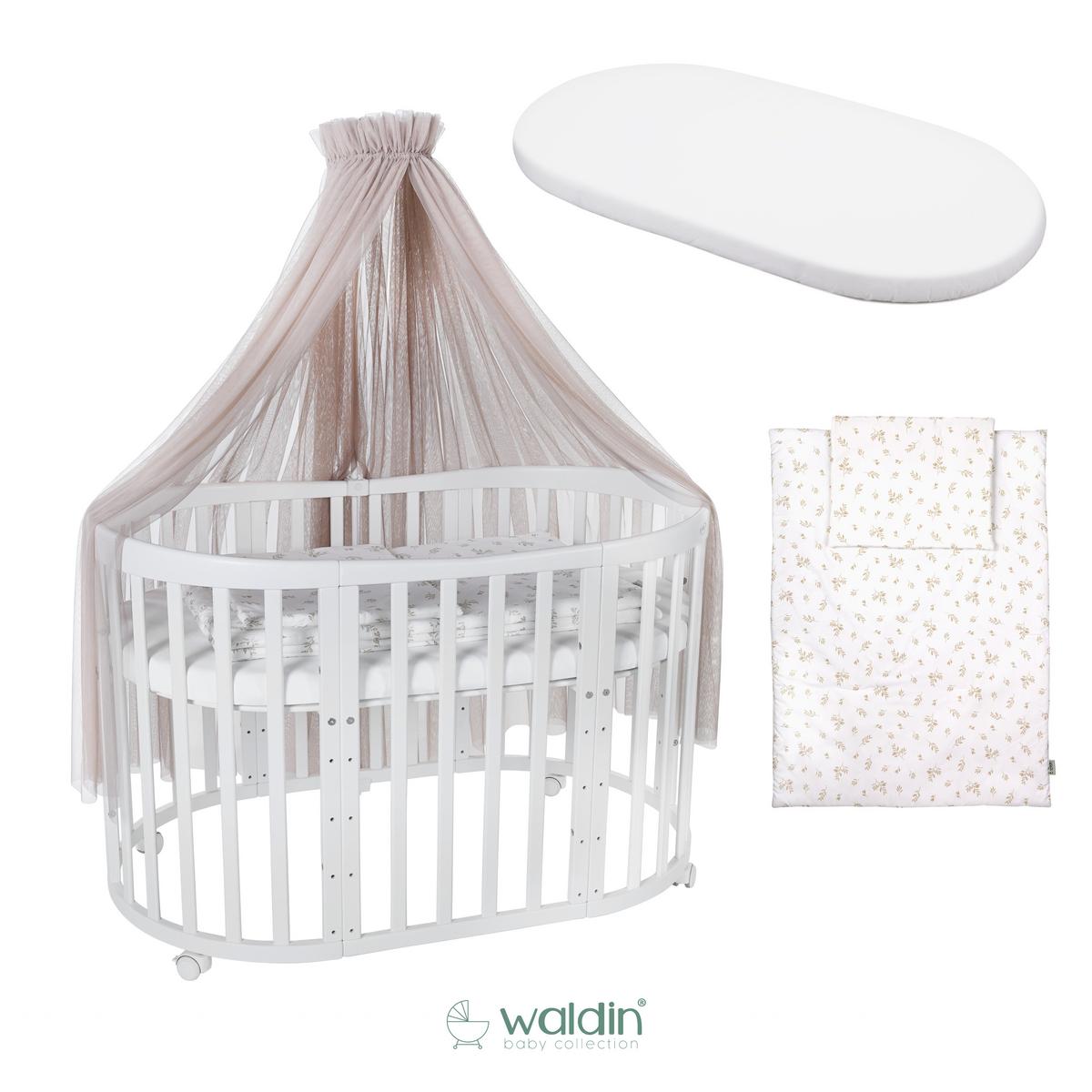 BABYBETT WHITE OVAL 7in1 mit Matratze und Himmelset - Taupe/Weiß, Holz/Textil (73/125cm) - waldin