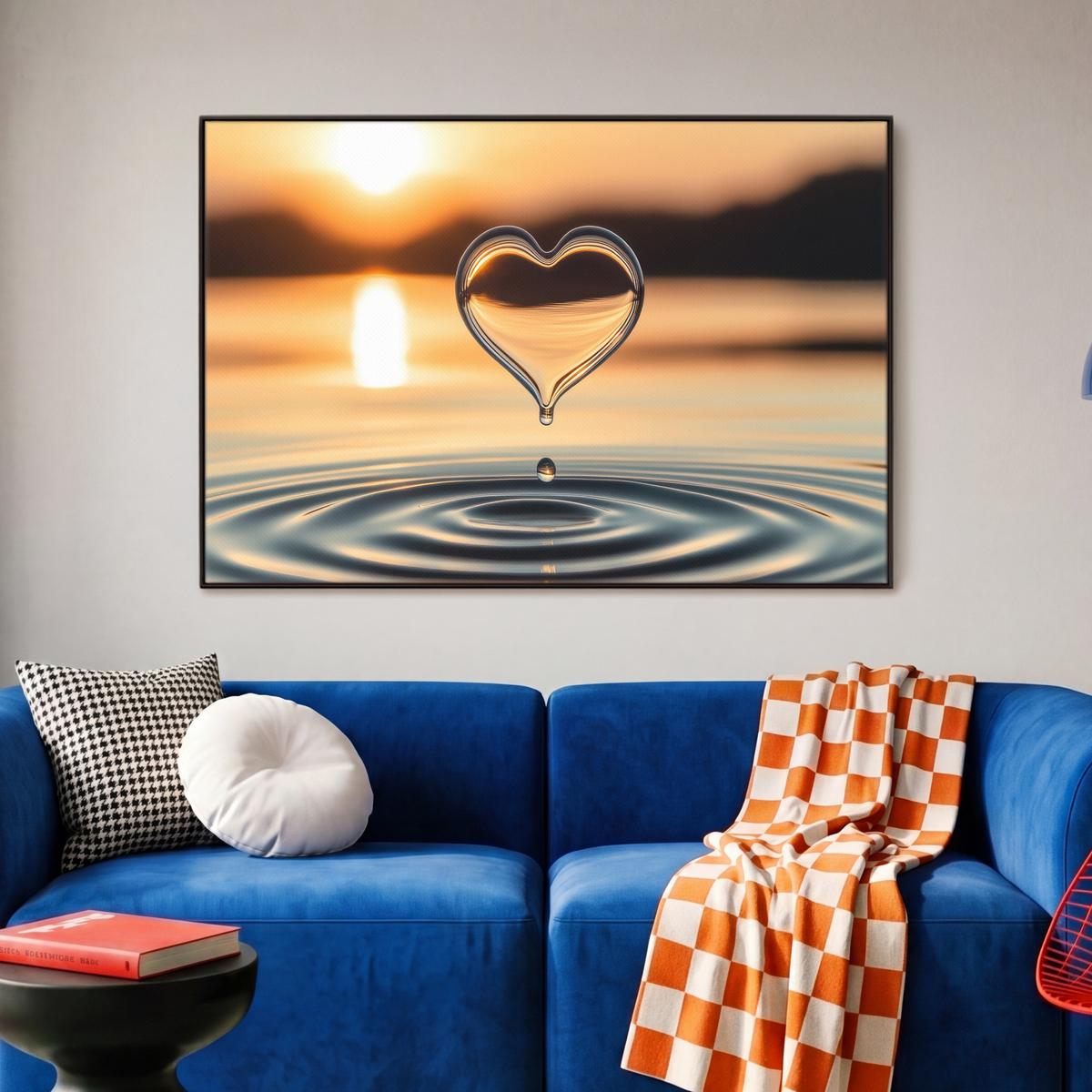 LEINWAND Bilder mit Rahmen - Herz - Wasser - Sonnenuntergang - Natur - Zen - 90x60 - Bernsteinfarben, Textil (90/60cm) - MuchoWow
